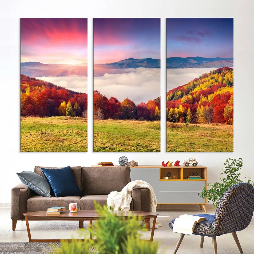 The Autumn Mountain Foggy Landscape canvas print hangs prominently.