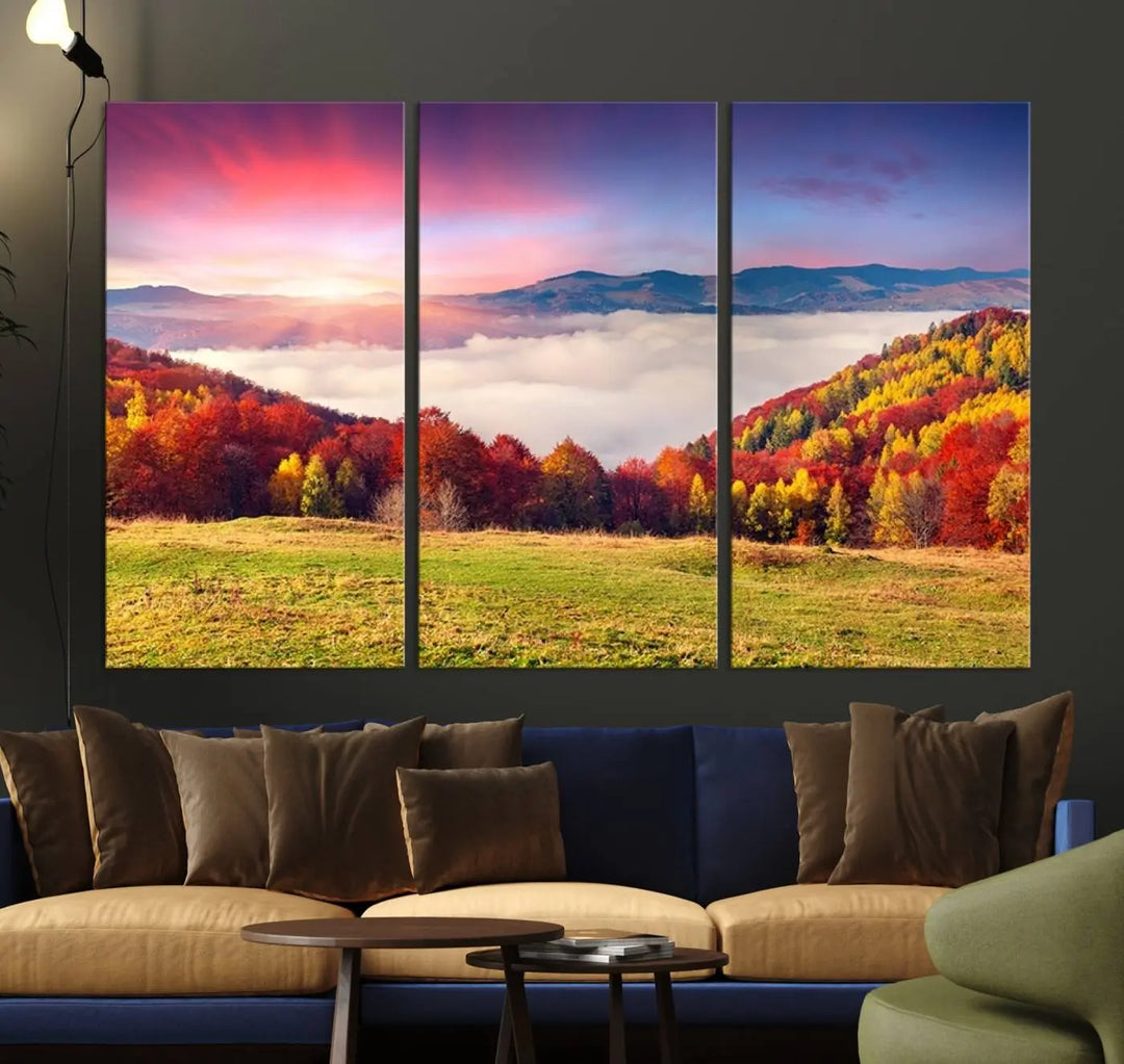 The Autumn Mountain Foggy Landscape canvas print hangs prominently.