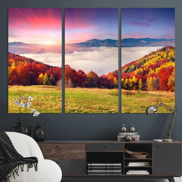 The Autumn Mountain Foggy Landscape canvas print hangs prominently.