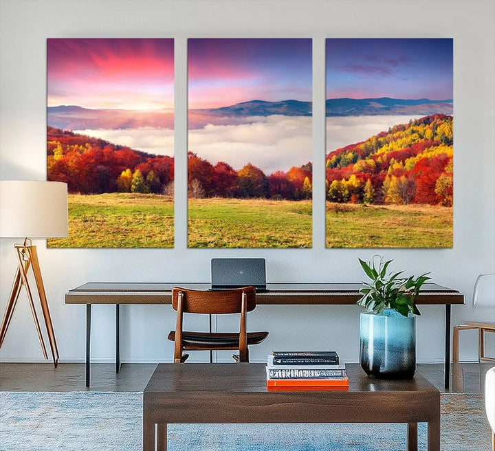 The Autumn Mountain Foggy Landscape canvas print hangs prominently.