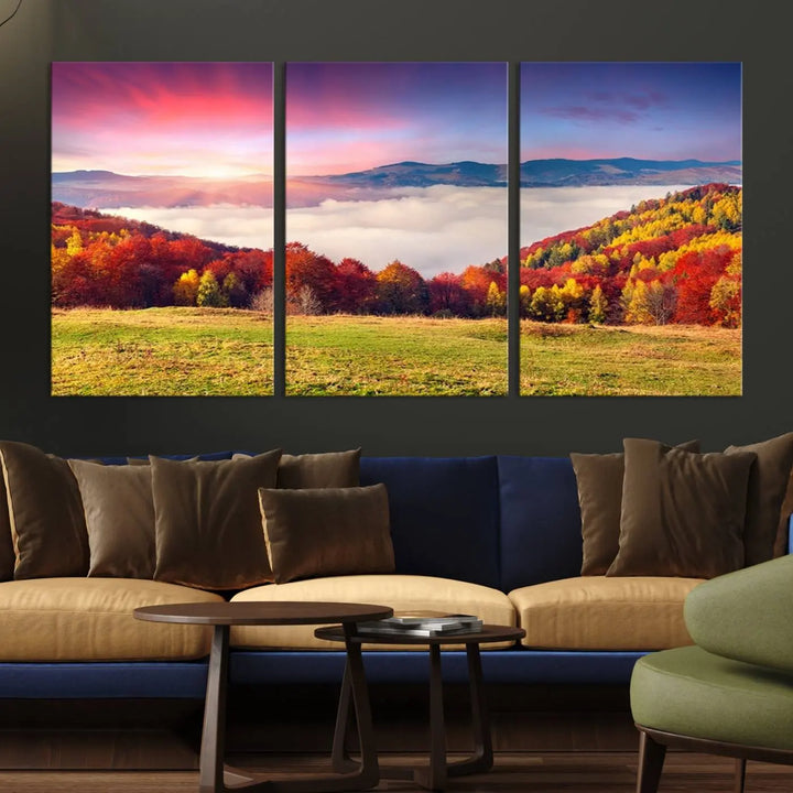 The Autumn Mountain Foggy Landscape canvas print hangs prominently.