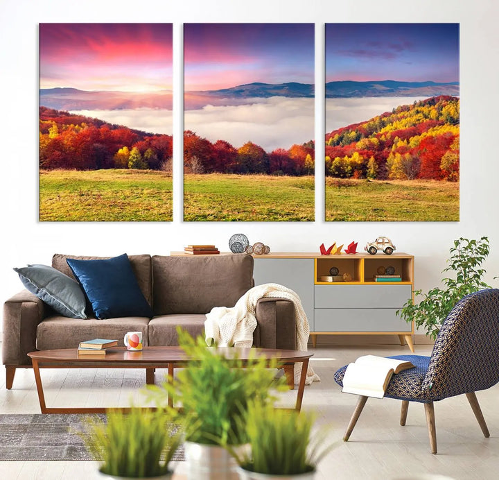 The Autumn Mountain Foggy Landscape canvas print hangs prominently.