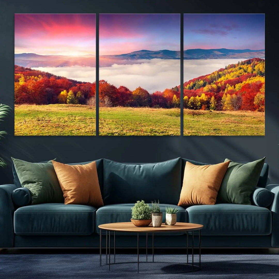 The Autumn Mountain Foggy Landscape canvas print hangs prominently.