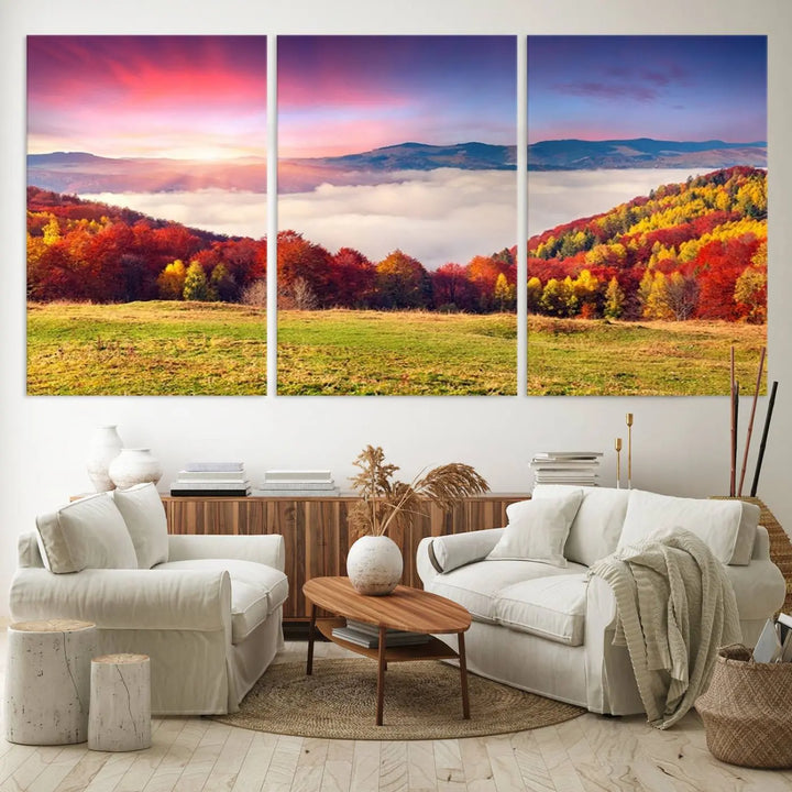 The Autumn Mountain Foggy Landscape canvas print hangs prominently.