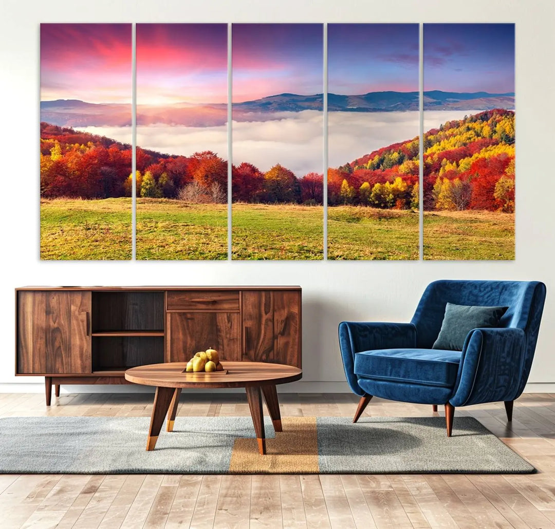 The Autumn Mountain Foggy Landscape canvas print hangs prominently.