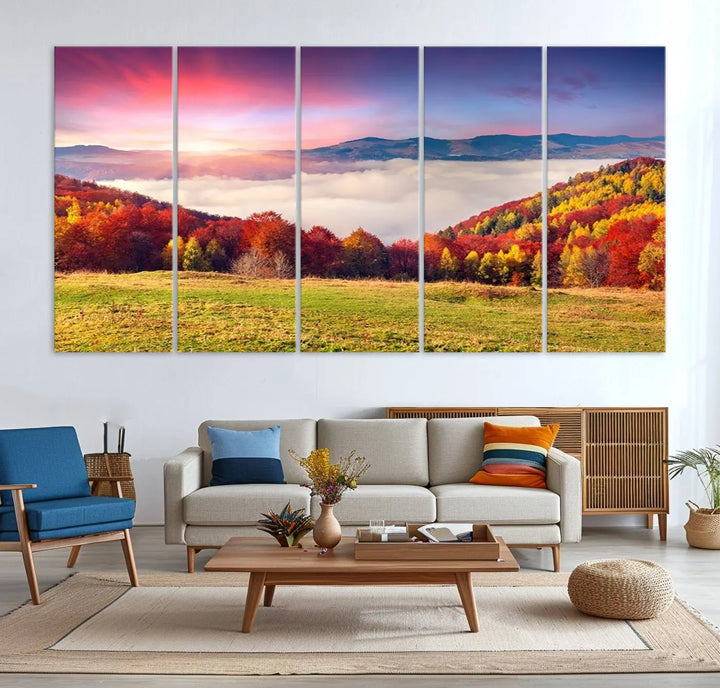 The Autumn Mountain Foggy Landscape canvas print hangs prominently.