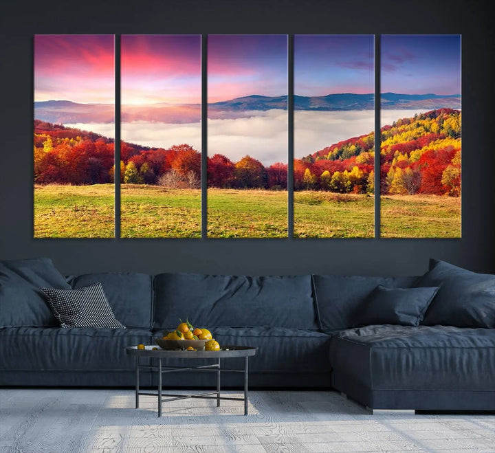 The Autumn Mountain Foggy Landscape canvas print hangs prominently.