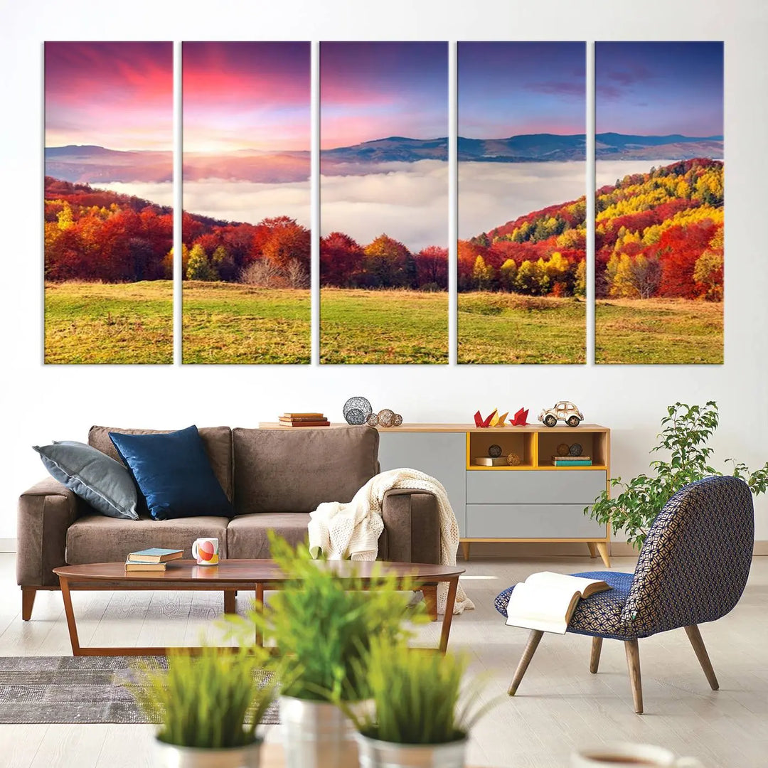 The Autumn Mountain Foggy Landscape canvas print hangs prominently.