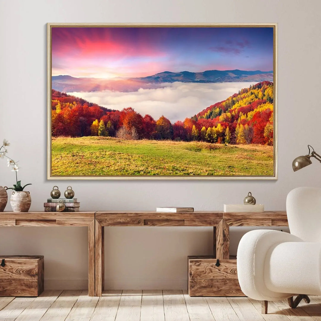 The Autumn Mountain Foggy Landscape canvas print hangs prominently.