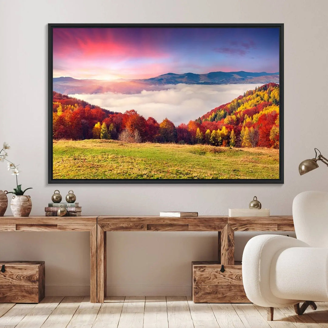 The Autumn Mountain Foggy Landscape canvas print hangs prominently.