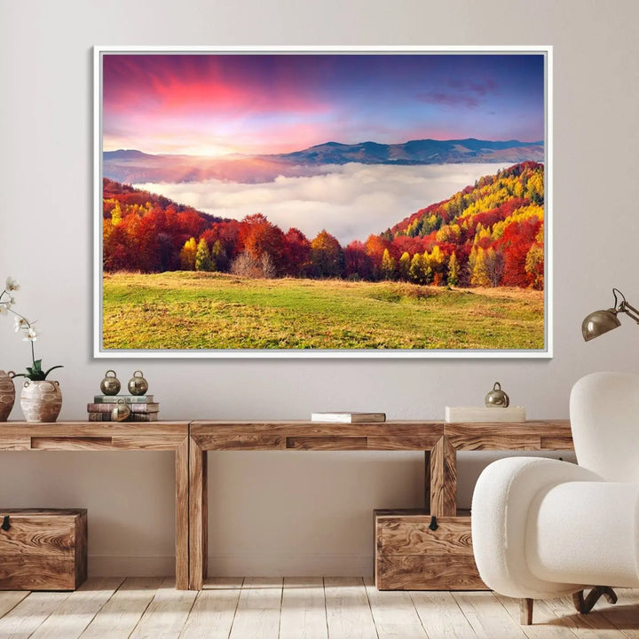 The Autumn Mountain Foggy Landscape canvas print hangs prominently.