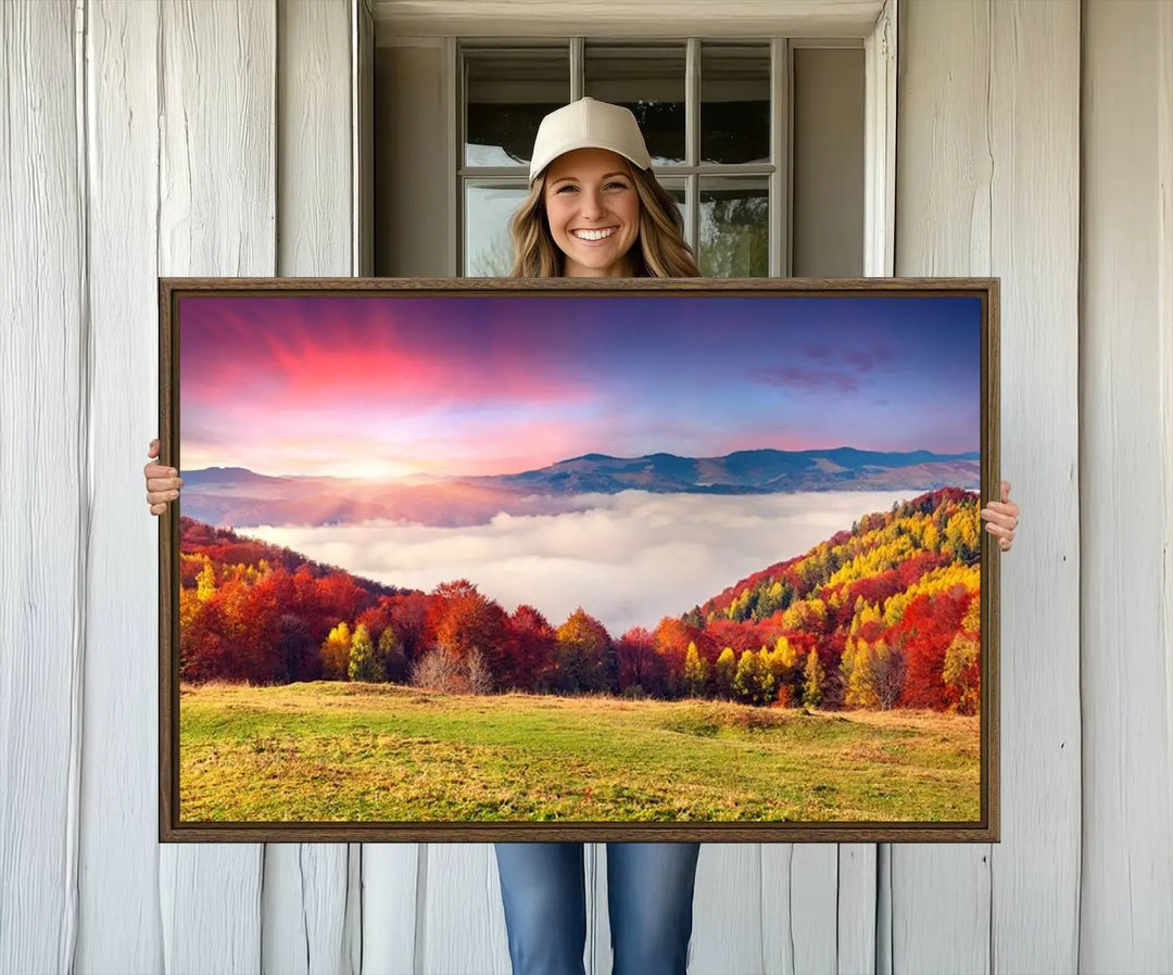 The Autumn Mountain Foggy Landscape canvas print hangs prominently.