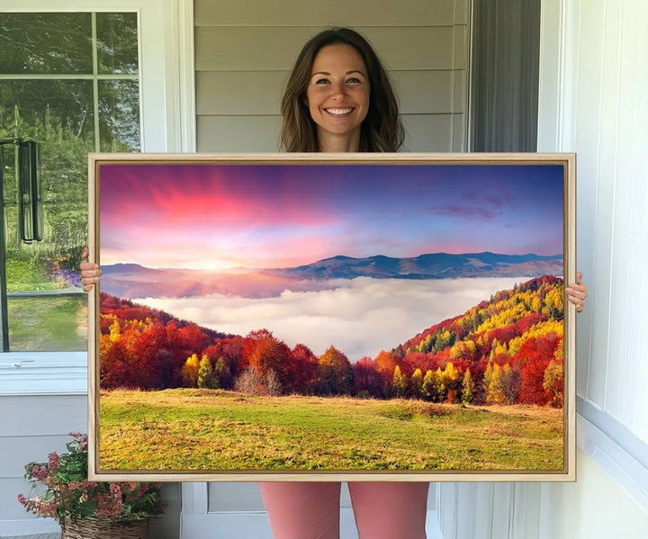 The Autumn Mountain Foggy Landscape canvas print hangs prominently.