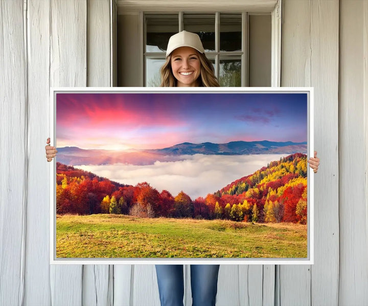 The Autumn Mountain Foggy Landscape canvas print hangs prominently.