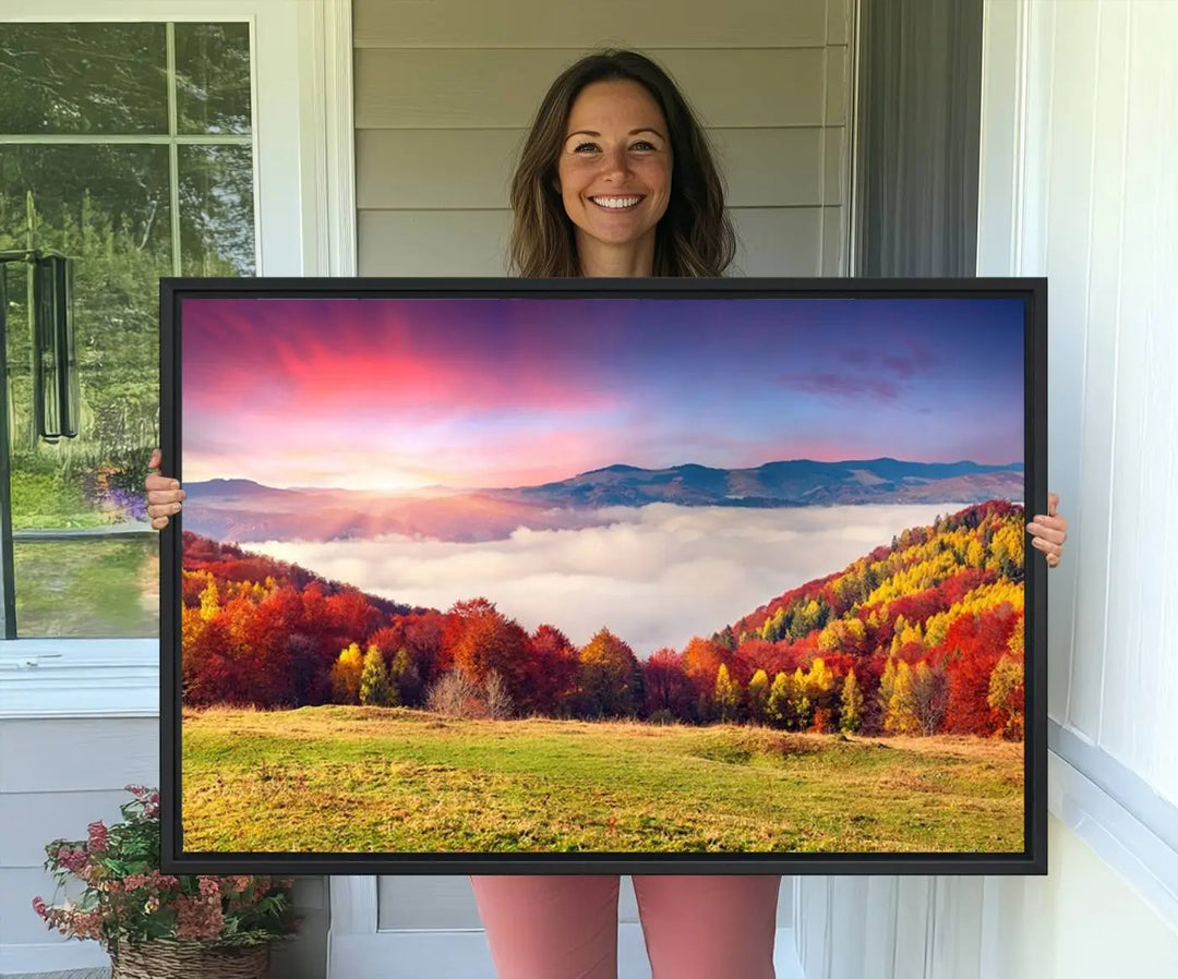 The Autumn Mountain Foggy Landscape canvas print hangs prominently.