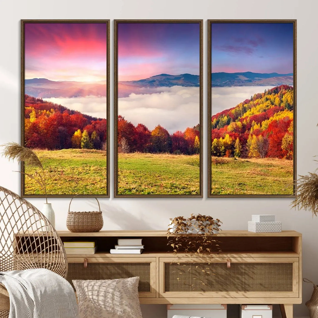 The Autumn Mountain Foggy Landscape canvas print hangs prominently.