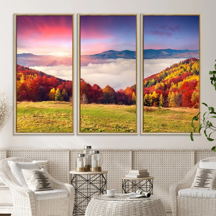 The Autumn Mountain Foggy Landscape canvas print hangs prominently.