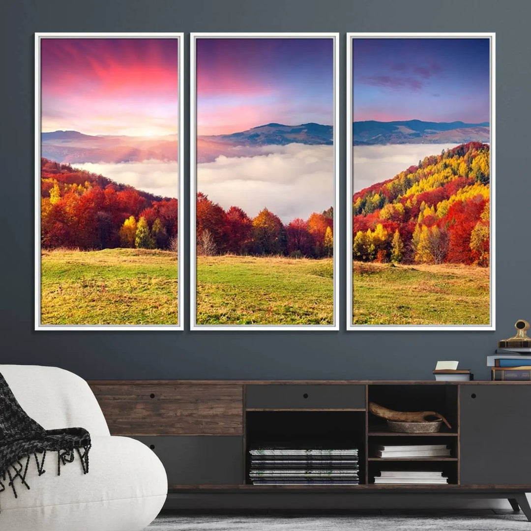 The Autumn Mountain Foggy Landscape canvas print hangs prominently.