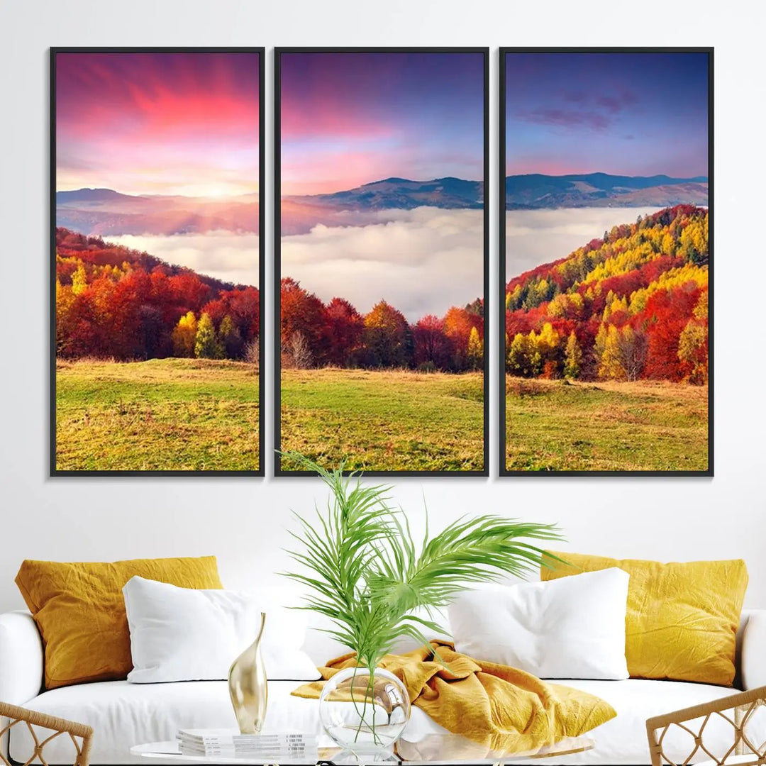 The Autumn Mountain Foggy Landscape canvas print hangs prominently.