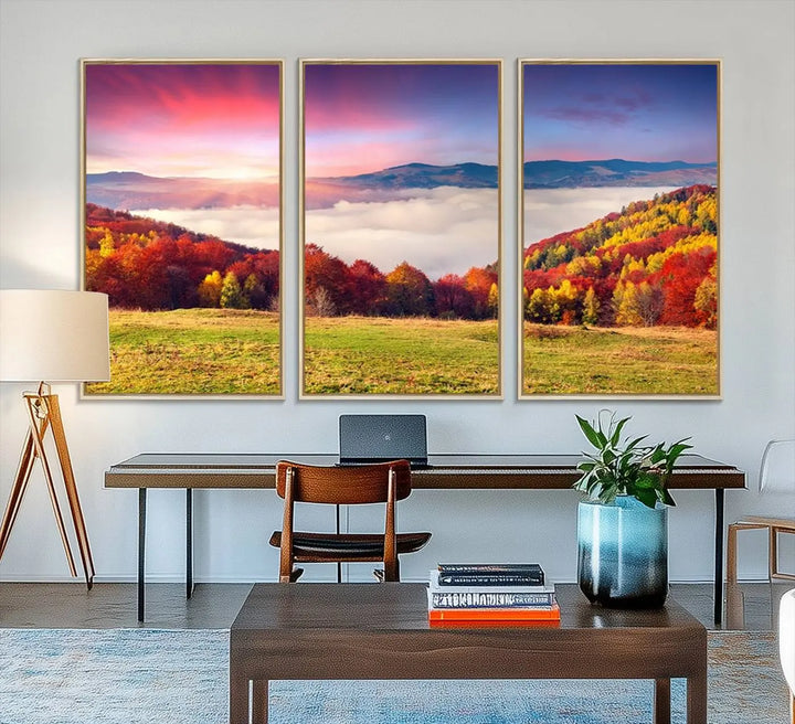 The Autumn Mountain Foggy Landscape canvas print hangs prominently.