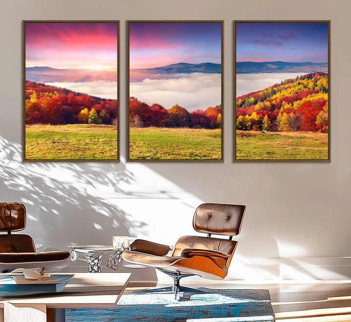 The Autumn Mountain Foggy Landscape canvas print hangs prominently.