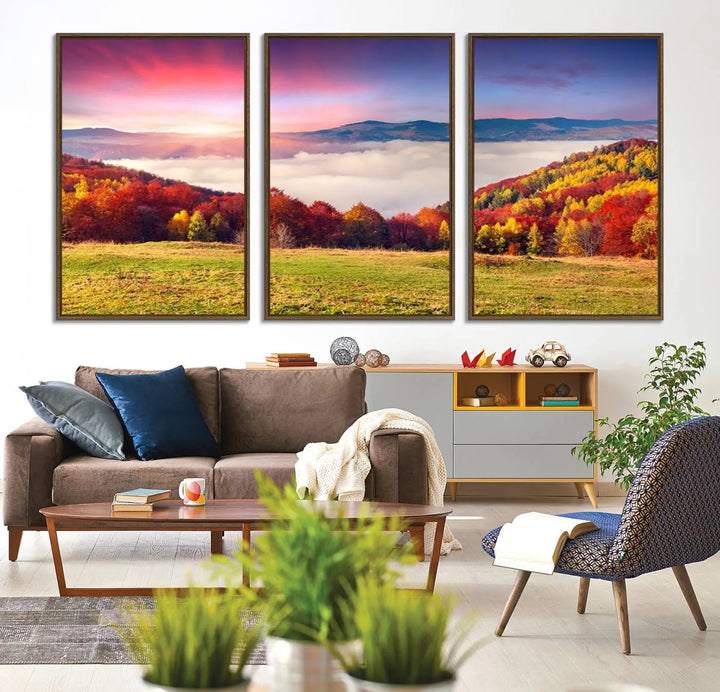 The Autumn Mountain Foggy Landscape canvas print hangs prominently.