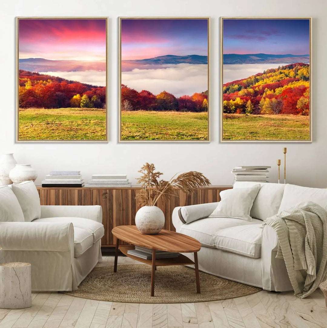 The Autumn Mountain Foggy Landscape canvas print hangs prominently.