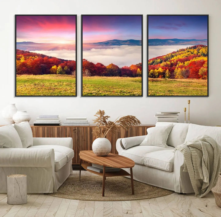 The Autumn Mountain Foggy Landscape canvas print hangs prominently.