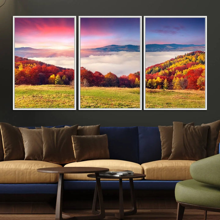 The Autumn Mountain Foggy Landscape canvas print hangs prominently.