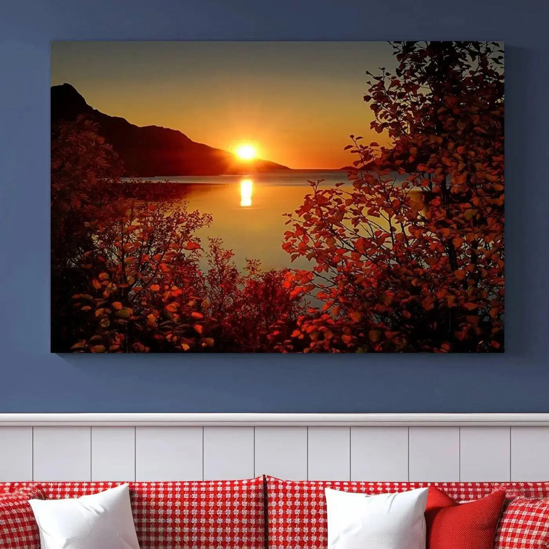 Autumn Sunset Over Lake 3-Panel Giclee Canvas Art, a large fall-themed piece depicting a tranquil nature landscape, hangs beautifully.