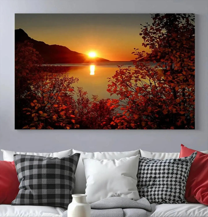 Autumn Sunset Over Lake 3-Panel Giclee Canvas Art, a large fall-themed piece depicting a tranquil nature landscape, hangs beautifully.