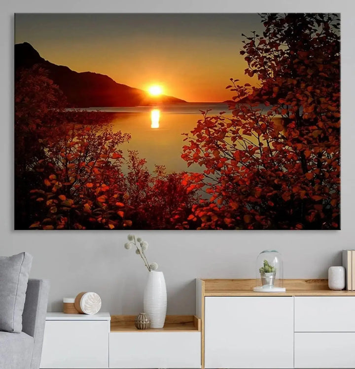 Autumn Sunset Over Lake 3-Panel Giclee Canvas Art, a large fall-themed piece depicting a tranquil nature landscape, hangs beautifully.