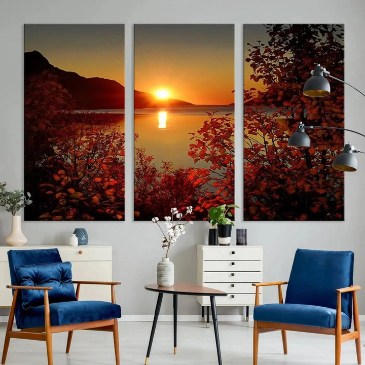 Autumn Sunset Over Lake 3-Panel Giclee Canvas Art, a large fall-themed piece depicting a tranquil nature landscape, hangs beautifully.