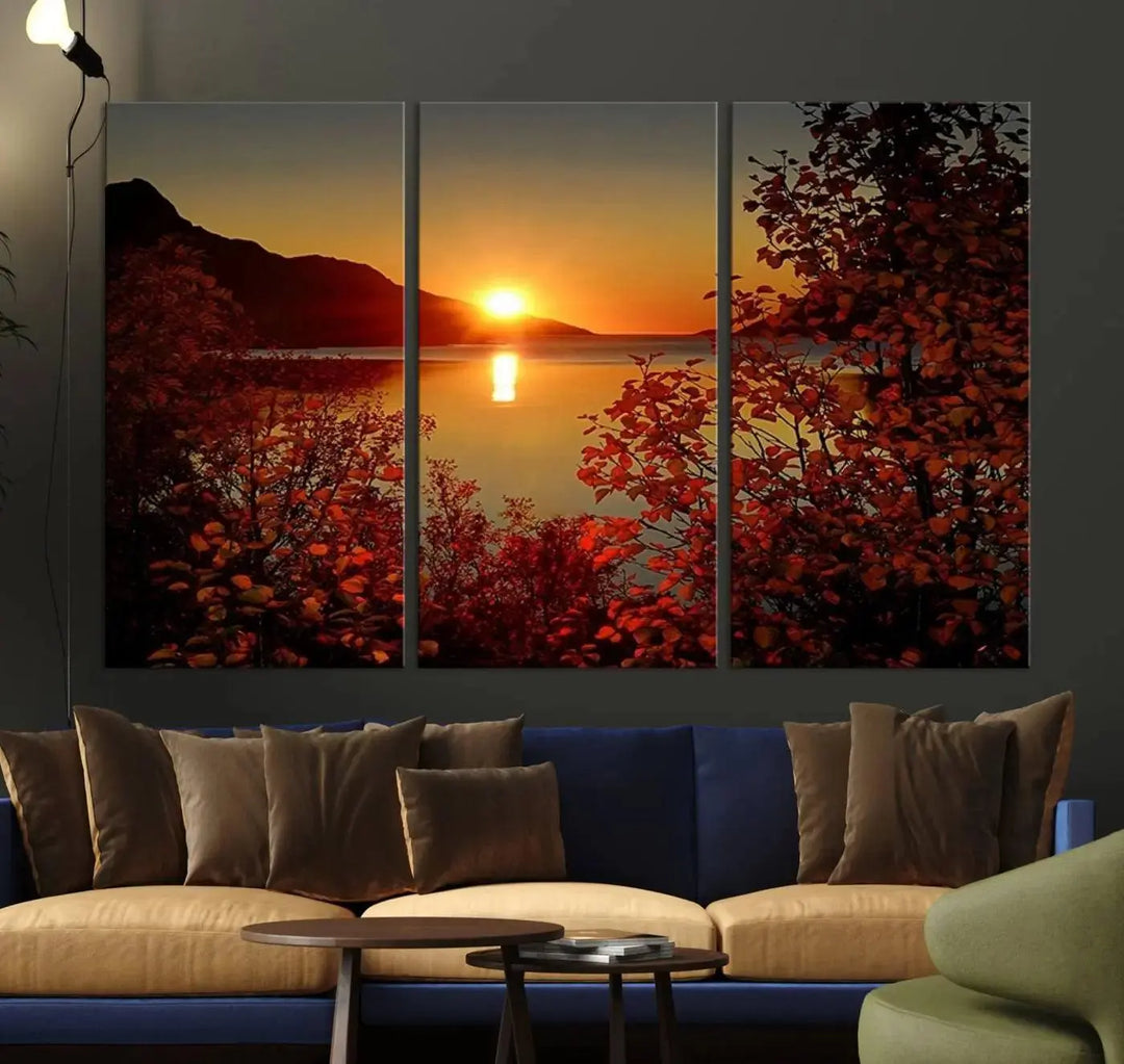 Autumn Sunset Over Lake 3-Panel Giclee Canvas Art, a large fall-themed piece depicting a tranquil nature landscape, hangs beautifully.