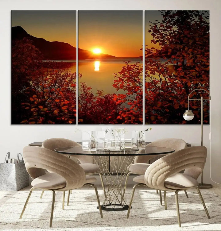 Autumn Sunset Over Lake 3-Panel Giclee Canvas Art, a large fall-themed piece depicting a tranquil nature landscape, hangs beautifully.