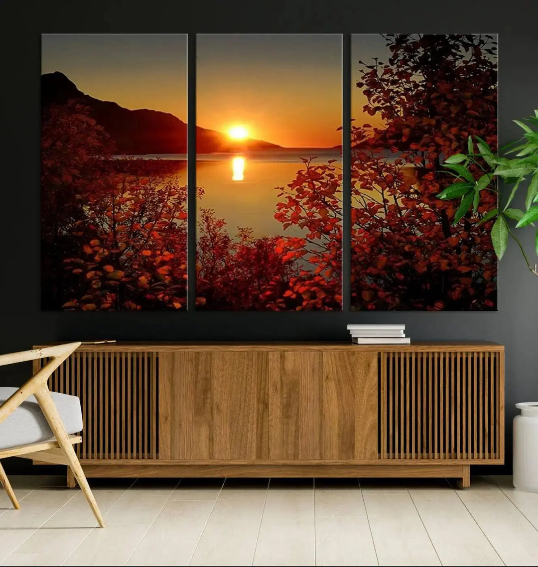 Autumn Sunset Over Lake 3-Panel Giclee Canvas Art, a large fall-themed piece depicting a tranquil nature landscape, hangs beautifully.