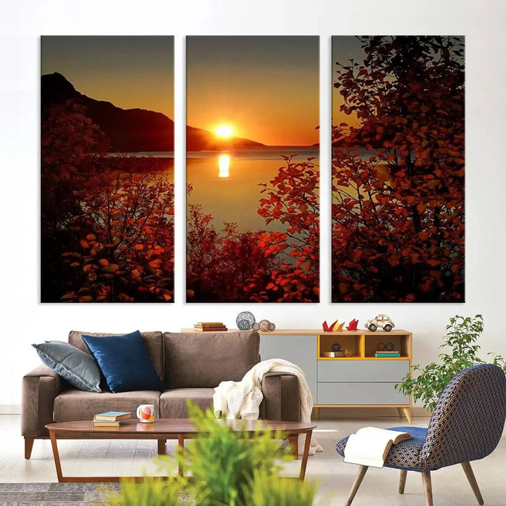 Autumn Sunset Over Lake 3-Panel Giclee Canvas Art, a large fall-themed piece depicting a tranquil nature landscape, hangs beautifully.