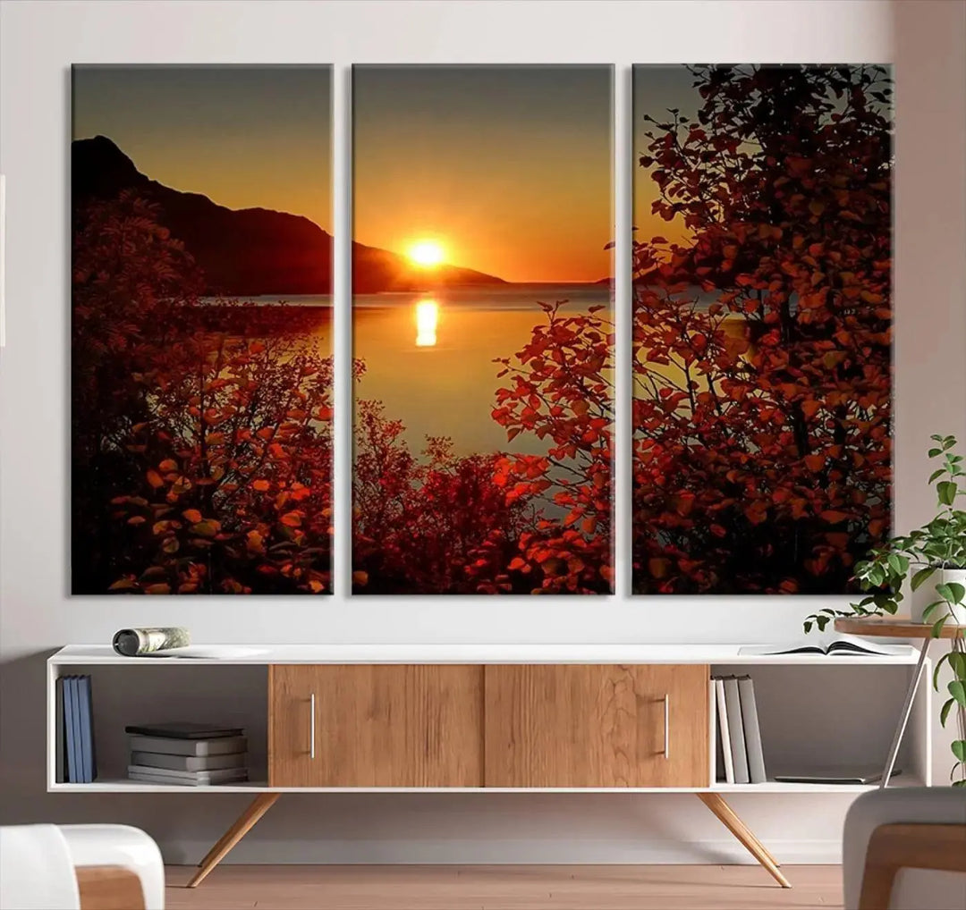 Autumn Sunset Over Lake 3-Panel Giclee Canvas Art, a large fall-themed piece depicting a tranquil nature landscape, hangs beautifully.