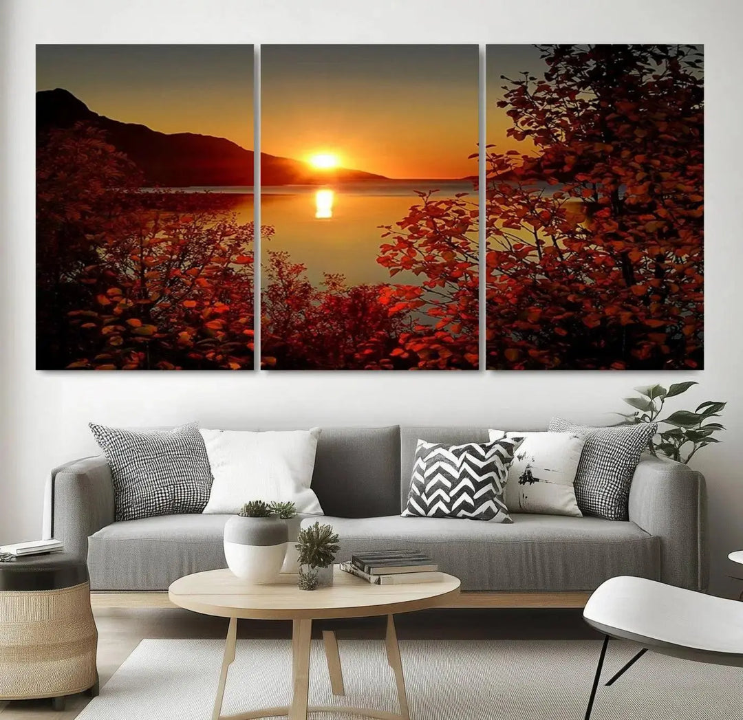 Autumn Sunset Over Lake 3-Panel Giclee Canvas Art, a large fall-themed piece depicting a tranquil nature landscape, hangs beautifully.