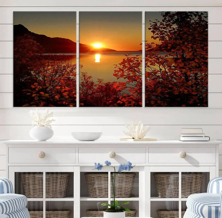 Autumn Sunset Over Lake 3-Panel Giclee Canvas Art, a large fall-themed piece depicting a tranquil nature landscape, hangs beautifully.