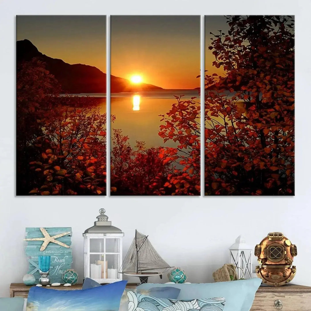 Autumn Sunset Over Lake 3-Panel Giclee Canvas Art, a large fall-themed piece depicting a tranquil nature landscape, hangs beautifully.