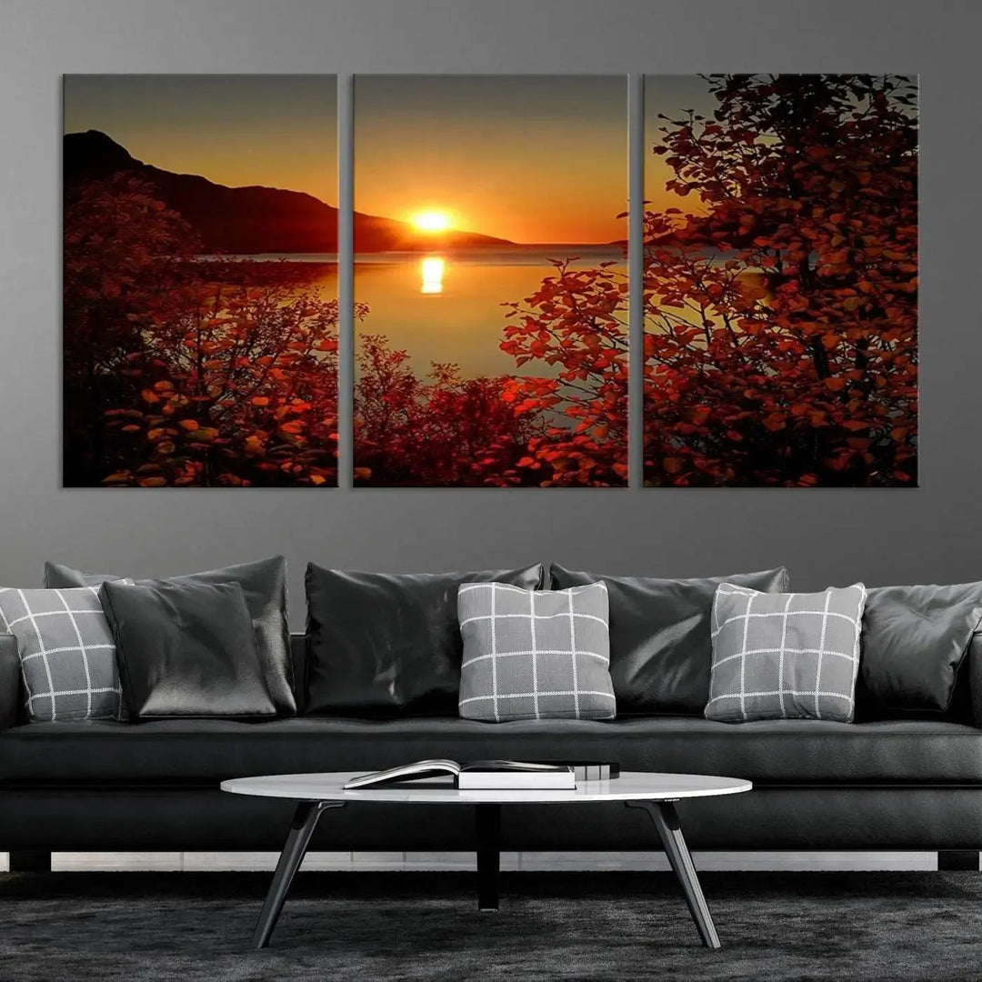 Autumn Sunset Over Lake 3-Panel Giclee Canvas Art, a large fall-themed piece depicting a tranquil nature landscape, hangs beautifully.