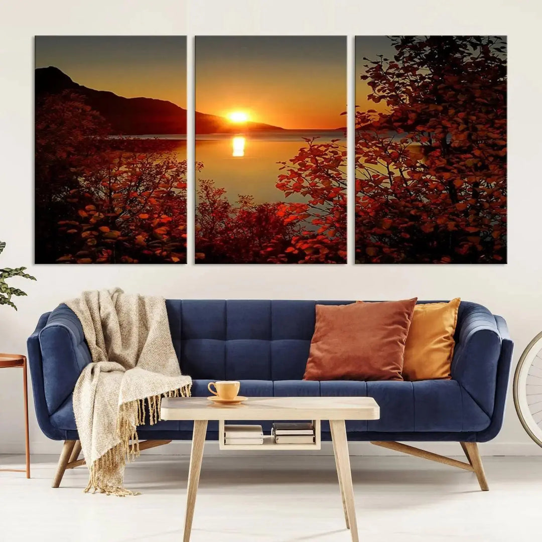 Autumn Sunset Over Lake 3-Panel Giclee Canvas Art, a large fall-themed piece depicting a tranquil nature landscape, hangs beautifully.