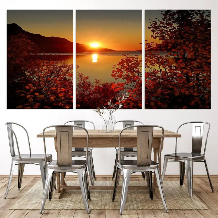 Autumn Sunset Over Lake 3-Panel Giclee Canvas Art, a large fall-themed piece depicting a tranquil nature landscape, hangs beautifully.