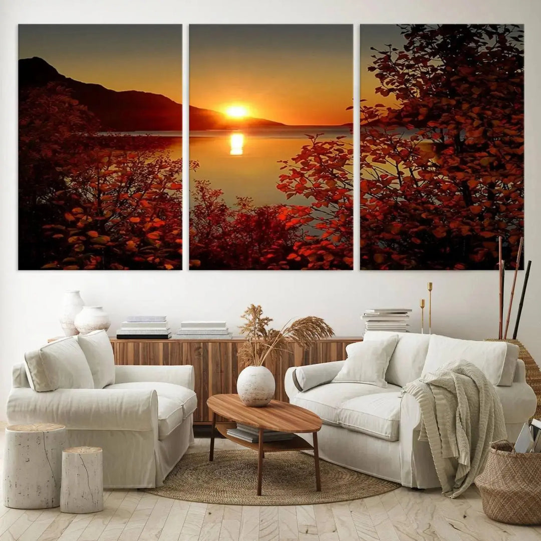 Autumn Sunset Over Lake 3-Panel Giclee Canvas Art, a large fall-themed piece depicting a tranquil nature landscape, hangs beautifully.