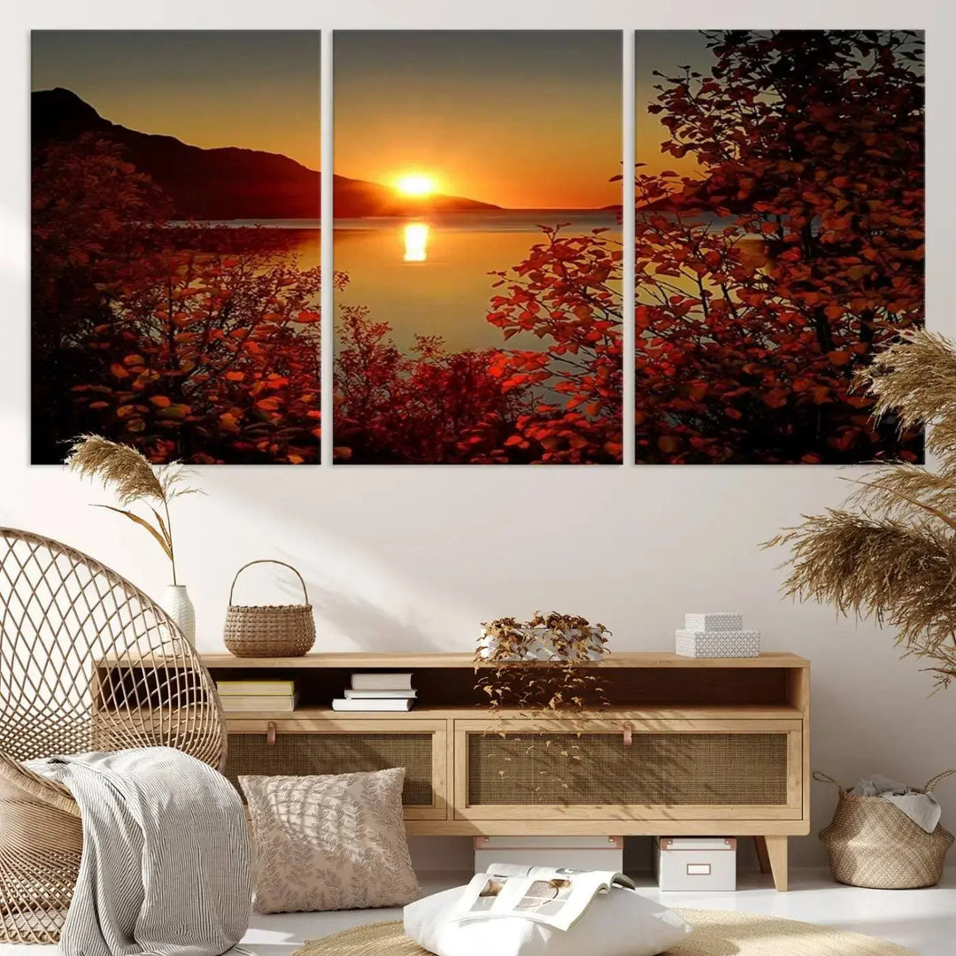 Autumn Sunset Over Lake 3-Panel Giclee Canvas Art, a large fall-themed piece depicting a tranquil nature landscape, hangs beautifully.