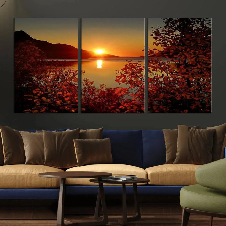 Autumn Sunset Over Lake 3-Panel Giclee Canvas Art, a large fall-themed piece depicting a tranquil nature landscape, hangs beautifully.