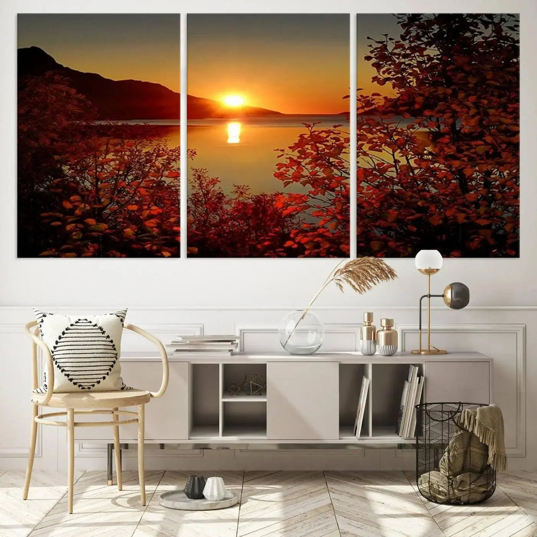 Autumn Sunset Over Lake 3-Panel Giclee Canvas Art, a large fall-themed piece depicting a tranquil nature landscape, hangs beautifully.