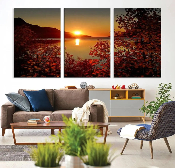 Autumn Sunset Over Lake 3-Panel Giclee Canvas Art, a large fall-themed piece depicting a tranquil nature landscape, hangs beautifully.