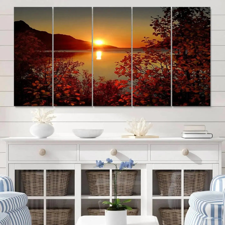 Autumn Sunset Over Lake 3-Panel Giclee Canvas Art, a large fall-themed piece depicting a tranquil nature landscape, hangs beautifully.